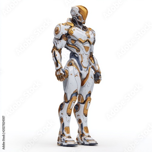 Futuristic Warrior Bot: A highly detailed, humanoid robot in a sleek white and gold metallic suit, embodying advanced technology and futuristic design.