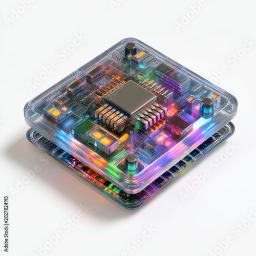 Futuristic Microchip Design: An intricately designed, transparent microchip showcasing vibrant, colorful LED lights beneath its complex circuitry, representing cutting-edge technology and innovation.