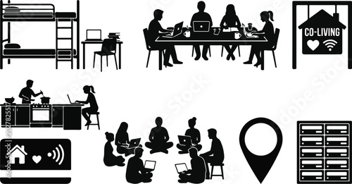 Comprehensive co-living and coworking icon set featuring shared housing communal kitchen digital nomad lifestyle and community workspace silhouettes