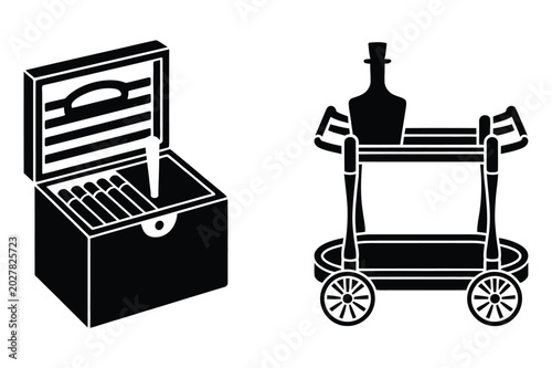 Tableau sur toile Luxury lifestyle elements including open cigar humidor box and rolling bar cart