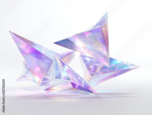 Iridescent Geometric Sculpture: An abstract sculpture composed of sharp, crystalline geometric shapes, reflecting a spectrum of iridescent colors.