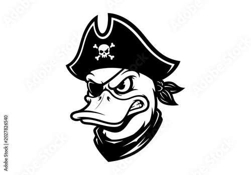 Aggressive pirate duck mascot wearing a skull and crossbones hat.