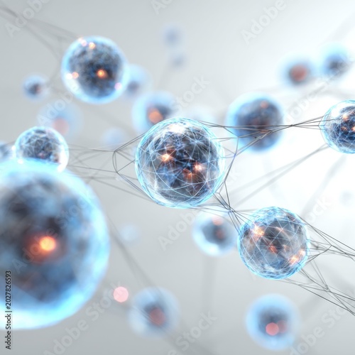 Molecular Structure: Abstract visualization of interconnected, glowing blue cells or molecules, representing scientific discovery and biological complexity.