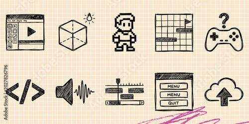 Foto Black ink scribble doodle vector vintage hand drawn set of web development code