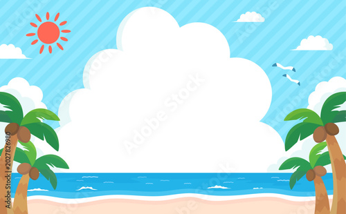 Sticker 夏の海と浜辺の風景と入道雲フレーム_横