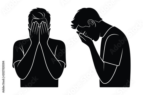 Foto Silhouette icons of man covering face in grief or shame with covering, depressio
