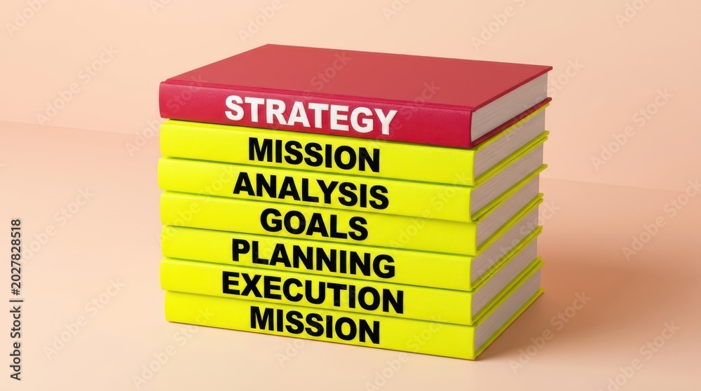 Obraz premium Stack of books representing business strategy mission analysis goals planning execution and mission.