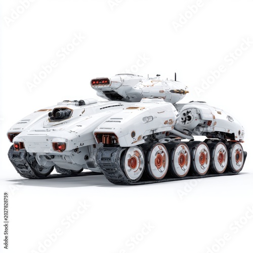 Future Tank Concept: A sleek, futuristic tank-like vehicle, painted white with red accents, stands ready for action. Its advanced design features multiple wheels and a commanding turret.