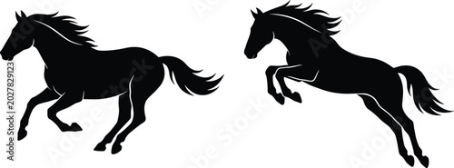 Foto Two horse silhouettes galloping and jumping with flowing mane and tail, dynamic