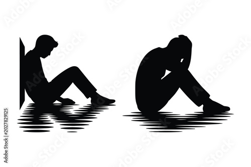 Tableau sur toile Sad man sitting alone silhouette icons representing grief and depression