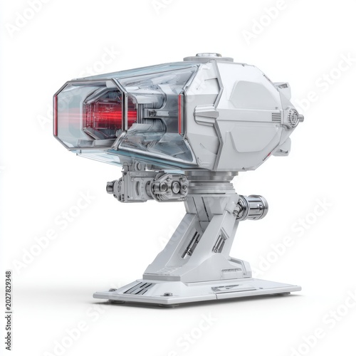 Futuristic Laser Cannon: An advanced, white laser cannon with a transparent casing revealing a glowing red core, mounted on a sturdy, articulated base.