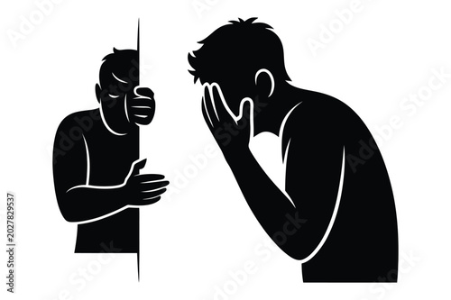 Fotografie Silhouette of man covering his face in shame and hiding behind wall with silhoue