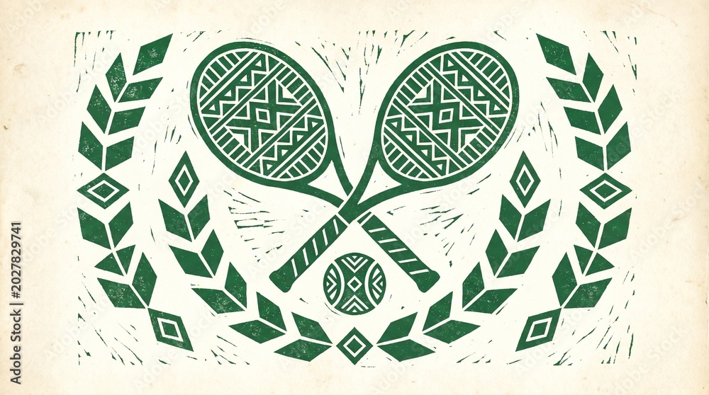 Symmetrical Tennis Rackets Sports Folk Art Emblem