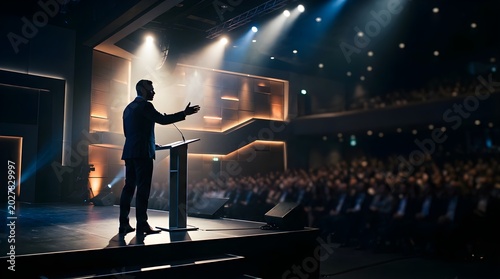 Silhouette of a businessman giving a keynote speech on a lit stage