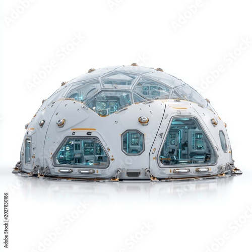 Futuristic Dome Habitat: A state-of-the-art, geodesic dome structure, likely a scientific research station or habitat.