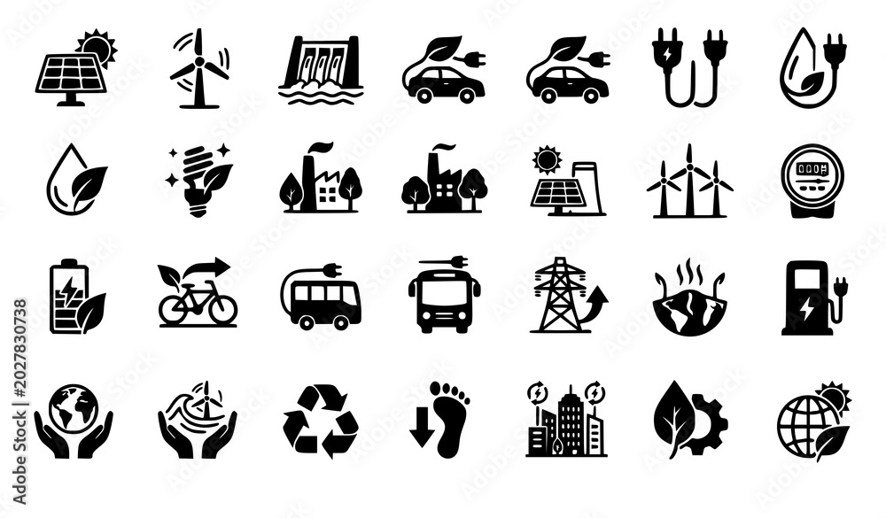 Fototapeta premium Flat design green energy icons set with modern sustainability symbols and renewable power vectors isolated