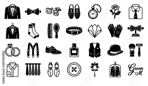 Foto Flat design mens formalwear icon set with modern wedding groom accessories and l