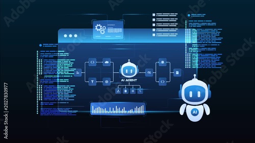 AI agent automation workflow interface with automation pipeline, coding and digital network, looped animation