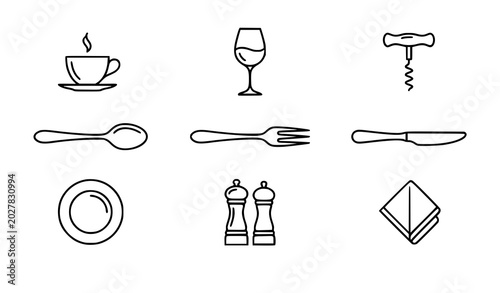 Bild auf Leinwand Minimalist kitchen utensils line art vector icons set with modern restaurant cut
