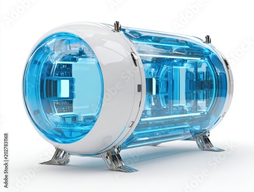 Futuristic Sci-Fi Capsule: A sleek, cylindrical capsule with transparent blue panels and intricate internal machinery suggests advanced technology and potential interstellar travel.