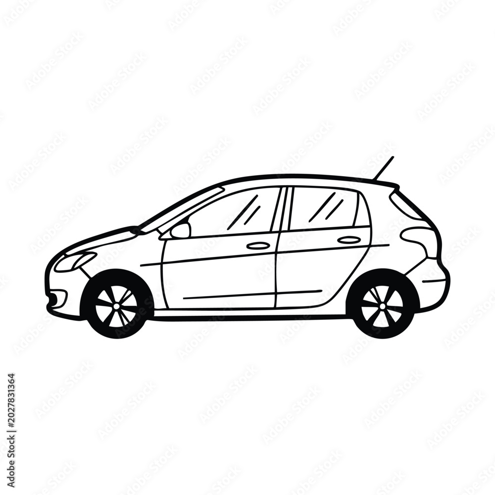 Fototapeta premium Simple black and white line art drawing of a modern hatchback car in side profile.
