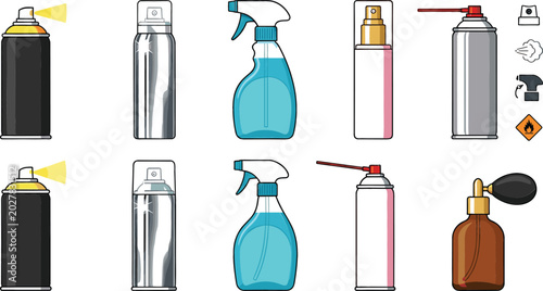 Bild auf Leinwand Spray Bottle and Aerosol Container Collection Vector Illustration Featuring Clea