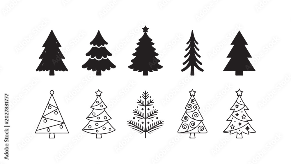 Obraz premium Set of stylized Christmas tree icons with various decorative designs isolated on transparent background