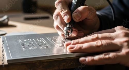 A person engraves a design onto a metal plate with a handheld tool, hands moving precisely, engraving process, detailed work, industrial setting, close-up view, metal plate, engraving tool.