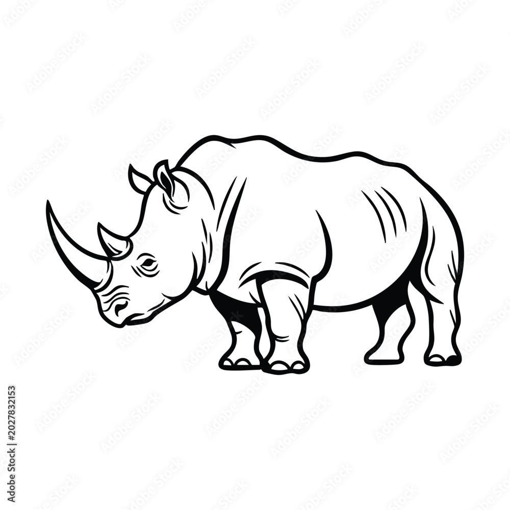 Fototapeta premium Black and white outline illustration of a powerful rhinoceros in side profile, showcasing its distinctive horn and thick skin.