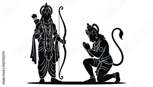 Tableau sur toile black and white silhouette of Lord Ram and Hanuman very high quality vector illustration