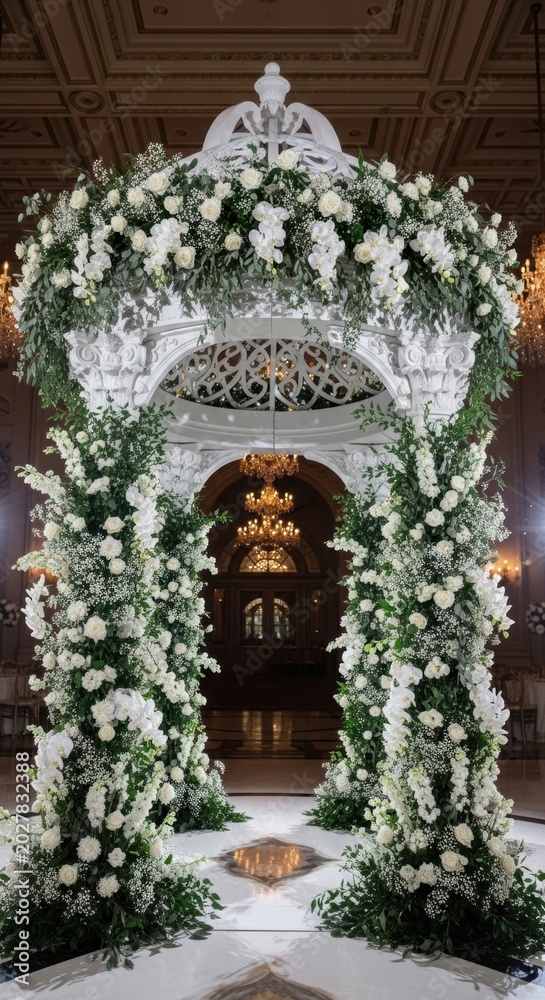 Fototapeta premium Beautiful wedding arch decorated with white flowers and green leaves inside a grand church building for a romantic marriage ceremony event