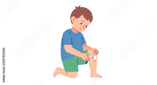 Obraz na plátně An illustration of a little boy in a blue shirt and green shorts applying a medical adhesive bandage to his scraped knee