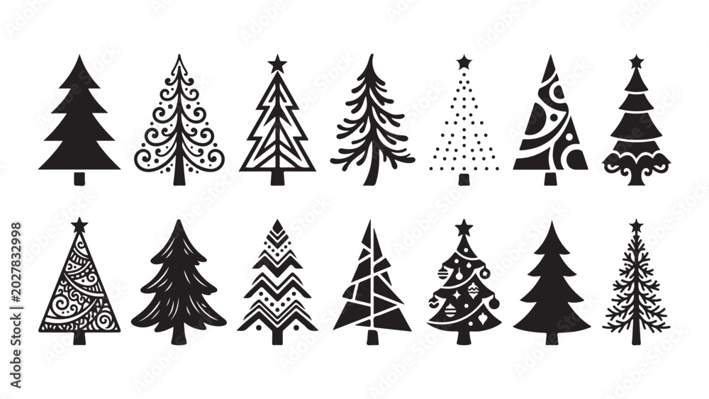 Obraz premium Collection of stylized Christmas tree icons in various artistic designs and patterns