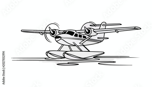 Tableau sur toile One continuous line illustration of an twin-engine seaplane , isolated on white background