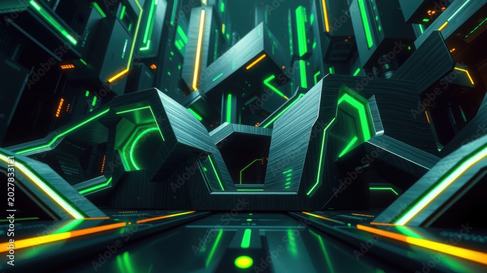 Fototapeta premium Futuristic tunnel glows with neon lights. Geometric shapes create immersive digital space. Dark background emphasizes vibrant colors.