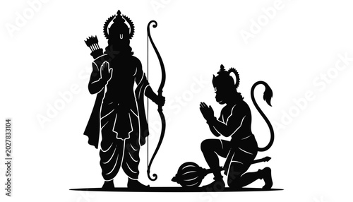 Tableau sur toile black and white silhouette of Lord Ram and Hanuman very high quality vector illustration