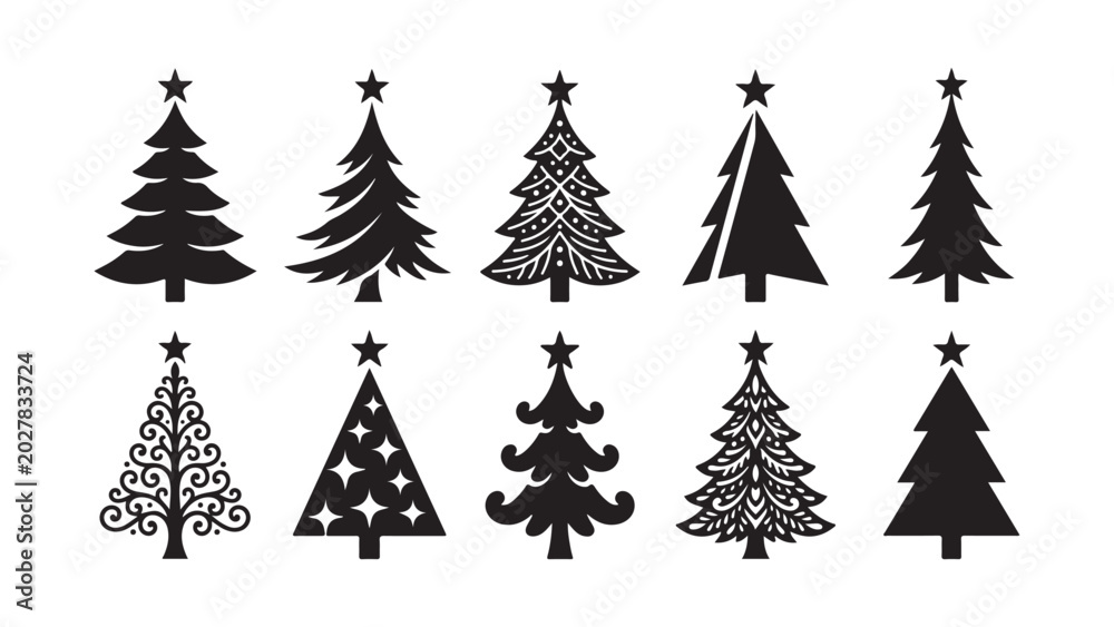 Obraz premium Various stylized Christmas tree designs with star tops isolated on transparent background