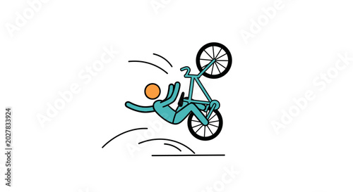 Foto Bicyclist falling over handlebars in mountain bike accident.
