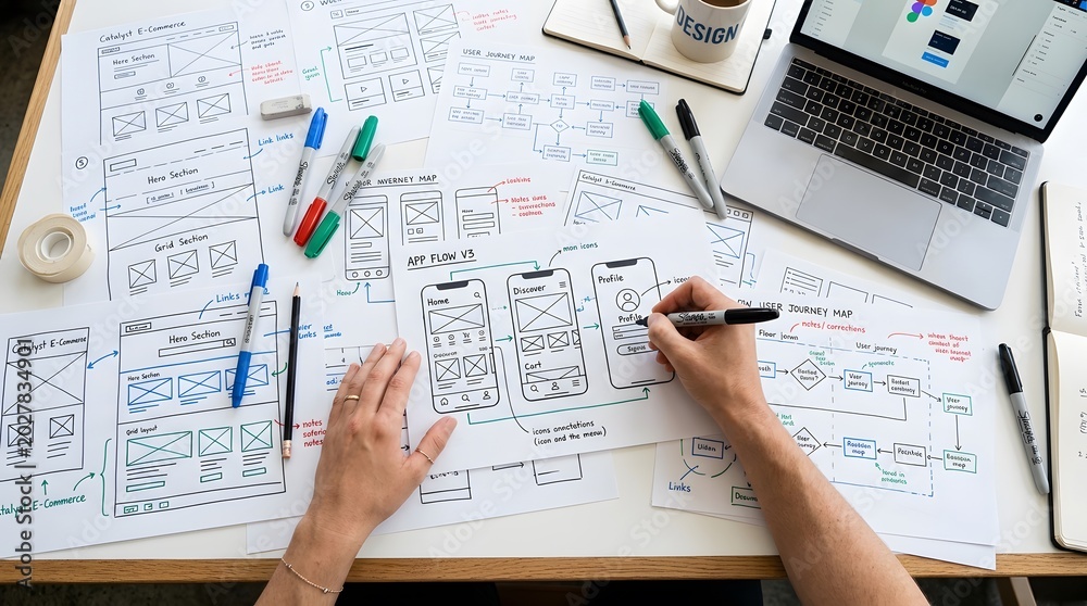 Obraz premium Ux designer mobile app wireframe flowchart on paper at a desk with laptop and markers