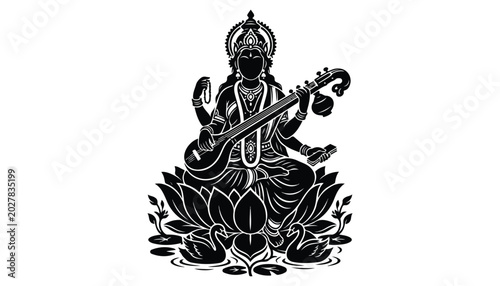 Obraz na plátne black and white silhouette of Maa Saraswati very high quality vector illustration