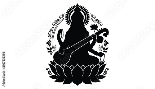 Canvas Print black and white silhouette of Maa Saraswati very high quality vector illustration