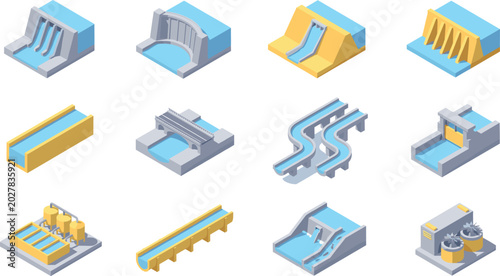 Bild auf Leinwand Set of isometric water infrastructure icons featuring hydroelectric dams canals