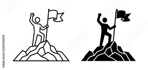 Business Success Goal Achievement Concept with Person Holding Flag on Mountain Peak Silhouette and Line Art Vector Icon