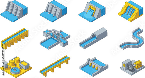 Bild auf Leinwand Set of isometric water infrastructure icons including hydroelectric dams water t