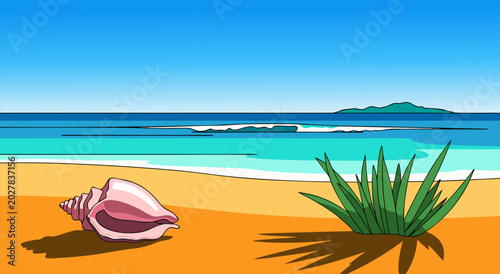 Bild auf Leinwand Seashell and Green Grass on Sandy Beach With Ocean Waves and Distant Island Vect