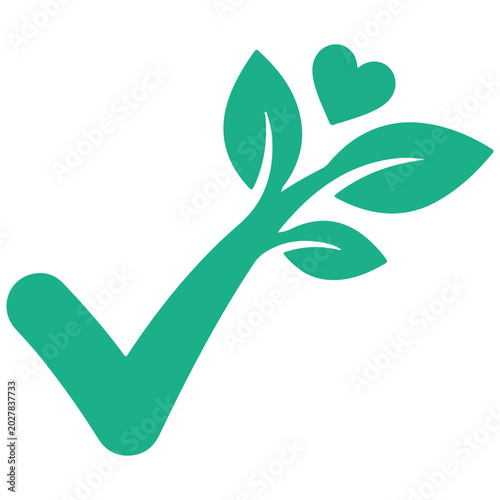 Schilderij op canvas Green check mark with leaves and heart symbol flat design white background go ah