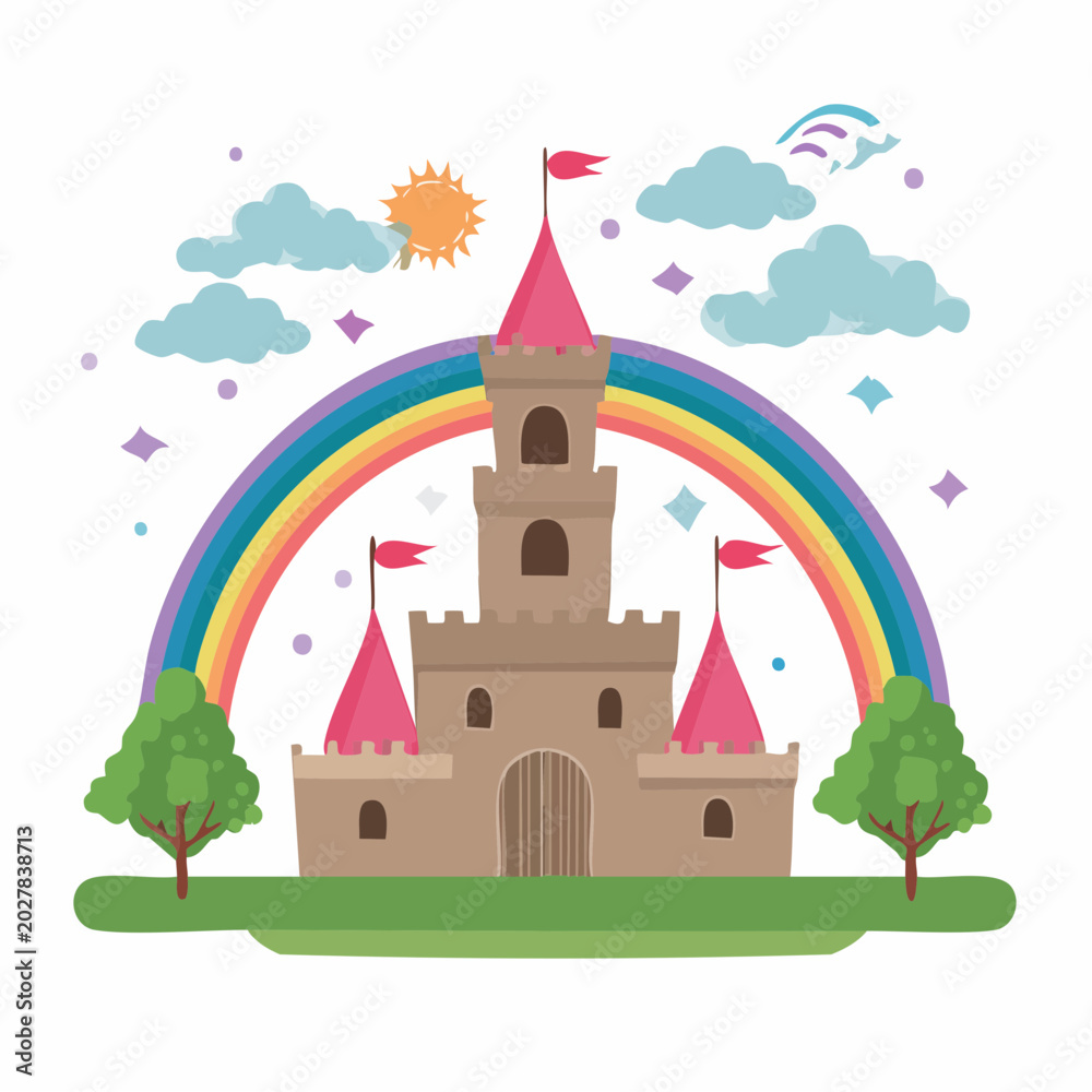 Naklejka premium Fairy Tale Castle with Rainbow and Sun
