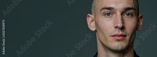 Close up of man's blue eyes and lips on gray background