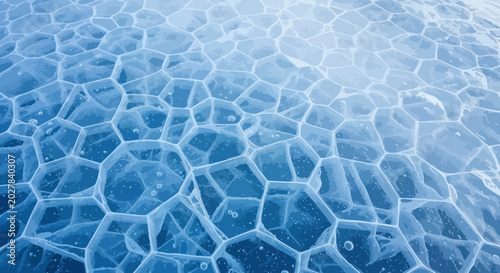Frozen blue lake ice with methane bubbles texture