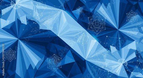 Geometric blue winter background with polygonal snowflakes and crystals